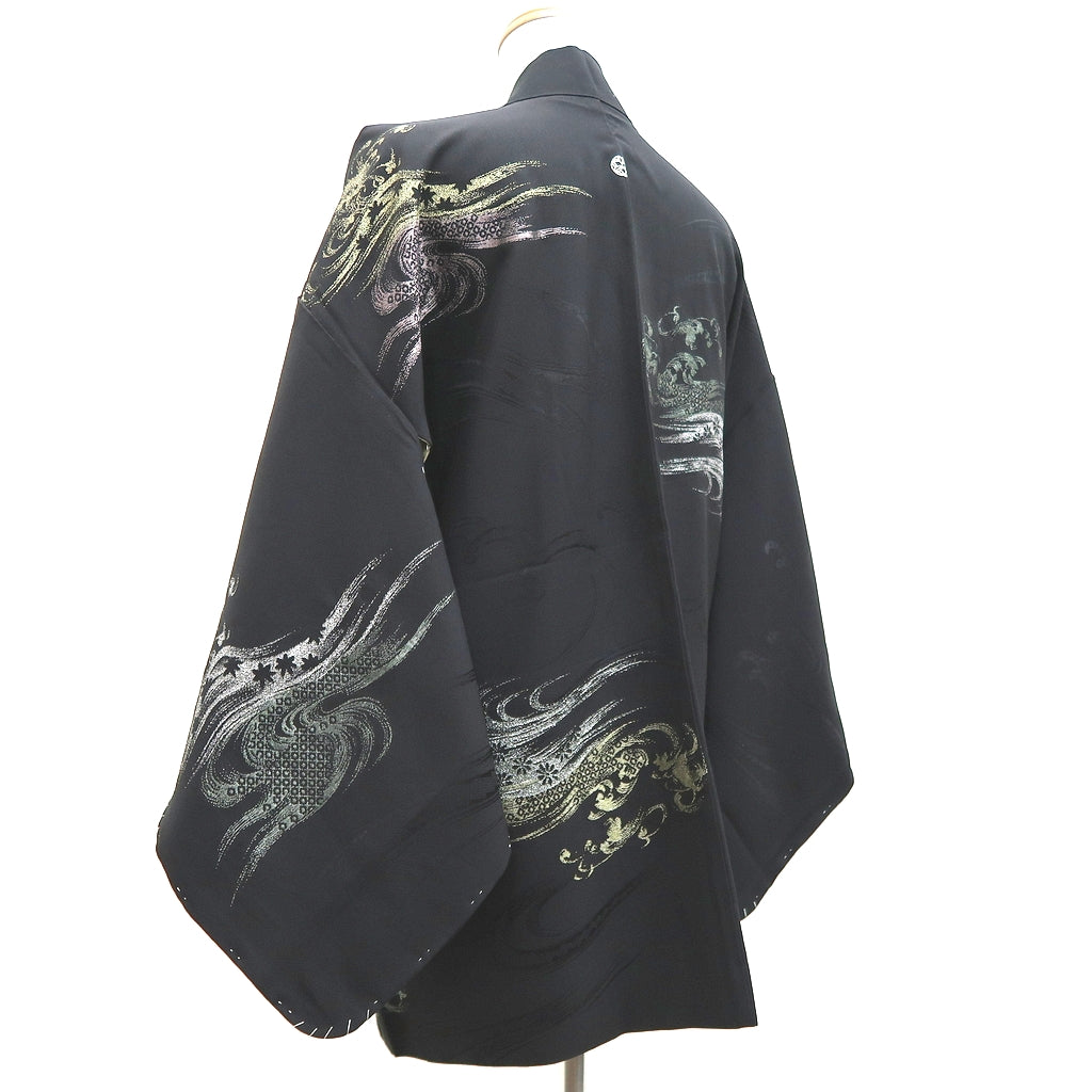 Haori Jacket Vintage(1950-1980) Black Gold Silver Curling Wave Silk #9861B2