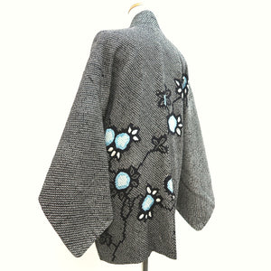 Haori Jacket Vintage(1950-1980) Black Shibori Peony Silk #10063D1