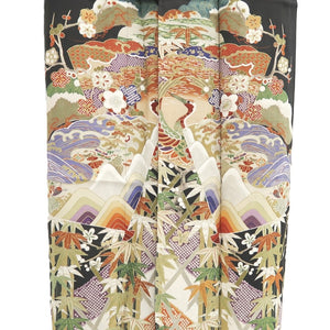 Tomesode Vintage(1920-1950) Black Crane Birds Hand painted Silk #10492B1