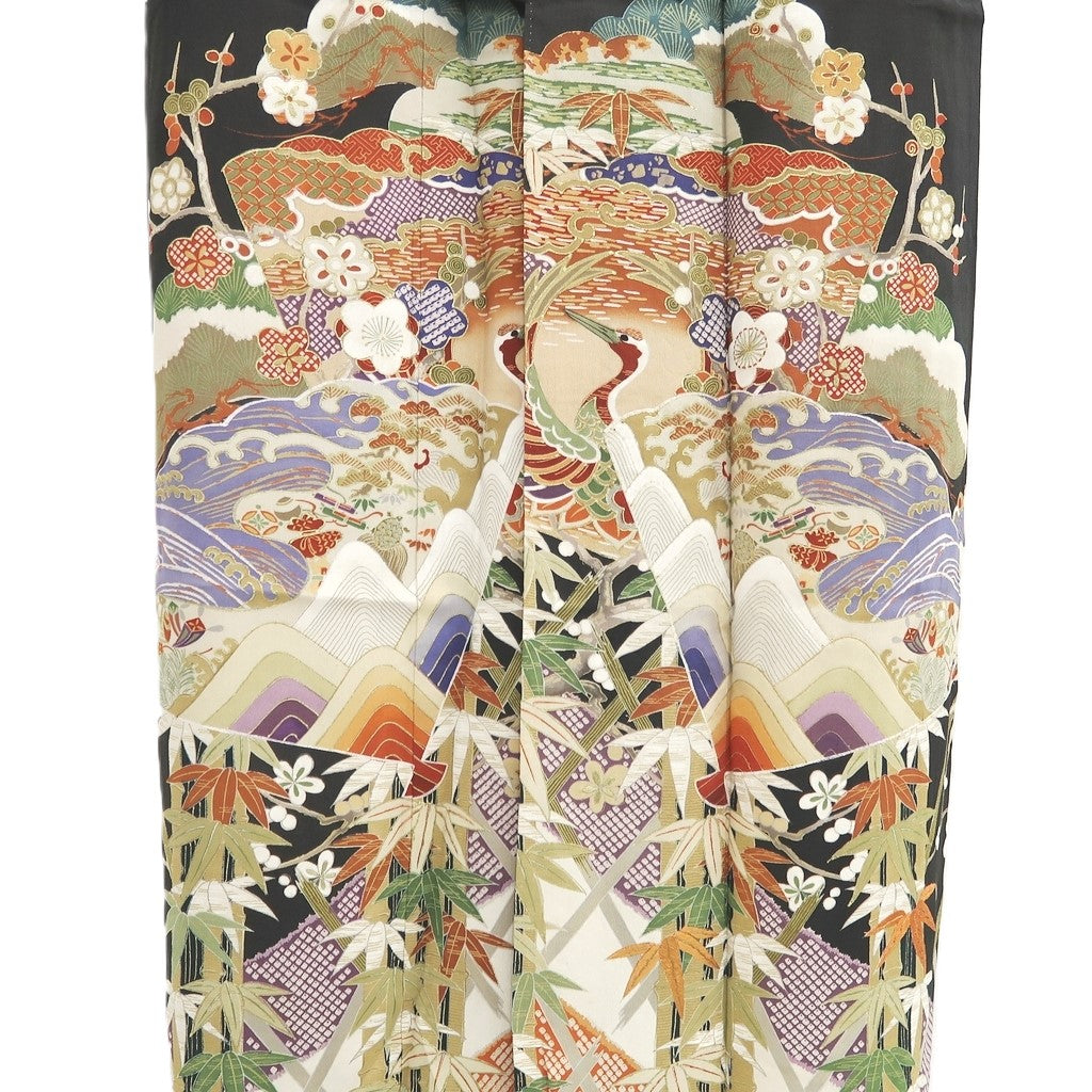 Tomesode Vintage(1920-1950) Black Crane Birds Hand painted Silk #10492B1