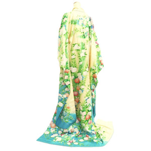 Furisode Pale Yellow Green Light Blue Peacock Tall Silk #10551B4