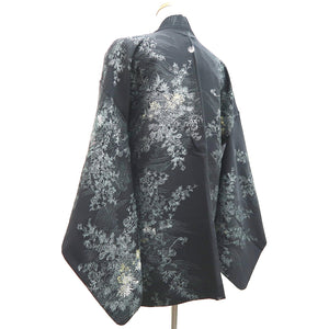 Haori Jacket Vintage(1950-1980) Black Silver Chrysanthemum Plum blossom Wave Silk #9878B3