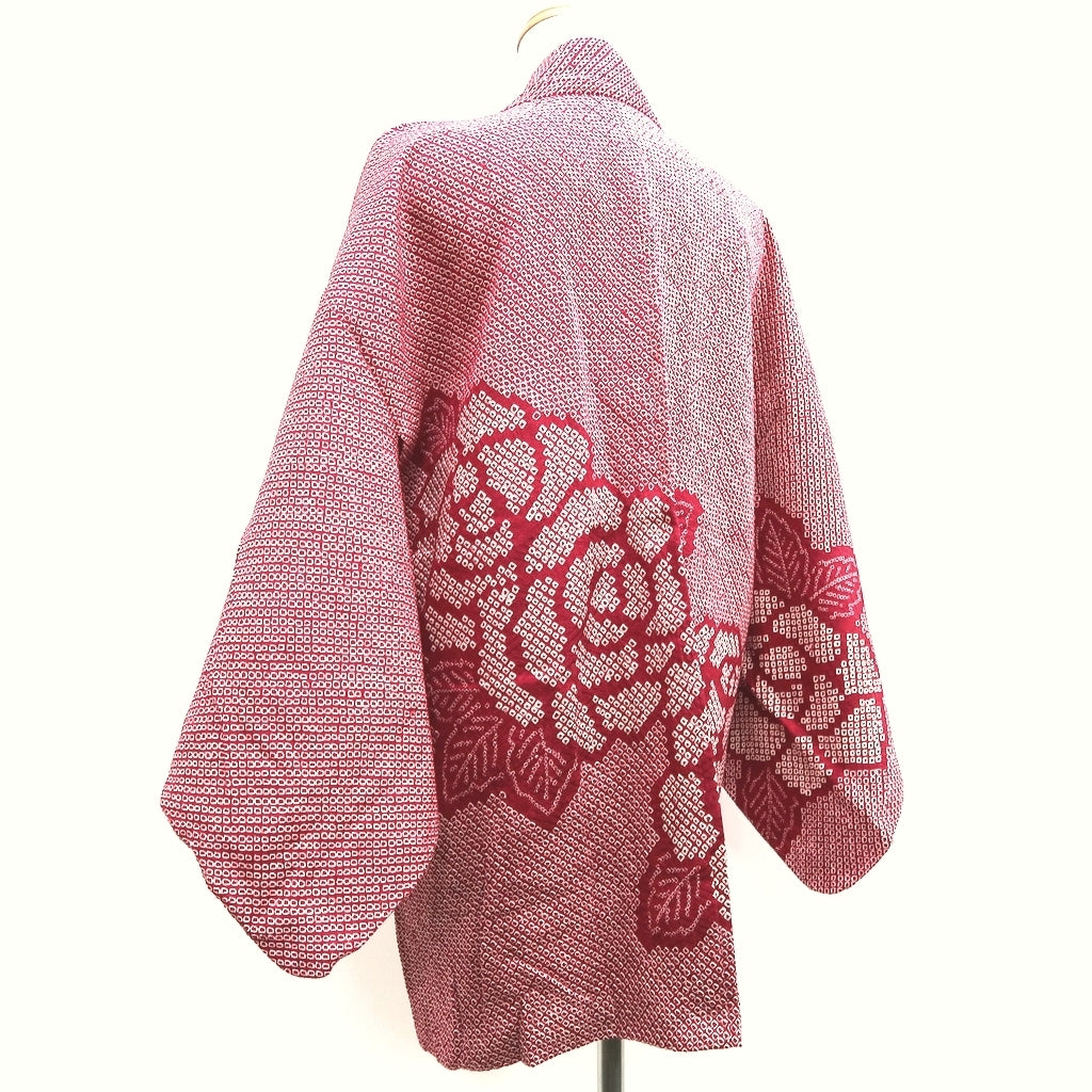 Haori Jacket Vintage(1950-1980) Red Full Shibori Peony Silk #10213E1