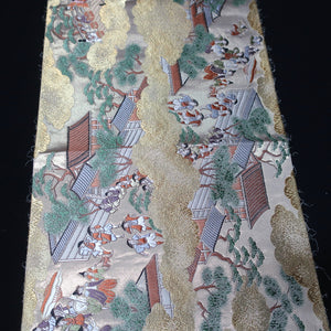 BB10061AE Silk Obi Fabric Townscape Gold 38.2x11.0in(97x28cm)