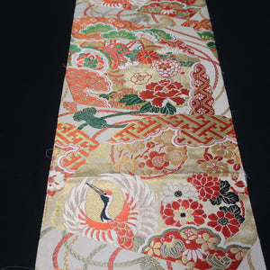 BB10031AC Silk Obi Fabric Vintage(1920-1950) Crane Birds Red Green 76.0x11.4in(193x29cm)