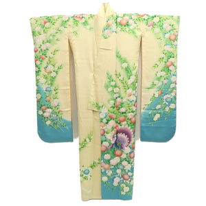 Furisode Pale Yellow Green Light Blue Peacock Tall Silk #10551B4