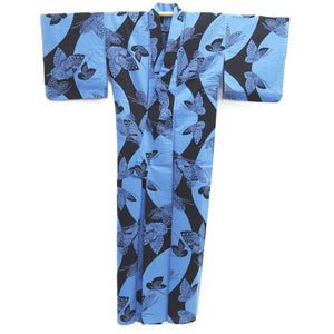 Yukata Vintage(1950-1980) Light Blue Black Butterfly Cotton #10482A5