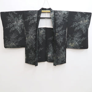 Haori Jacket Vintage(1950-1980) Black Silver Chrysanthemum Plum blossom Wave Silk #9878B3
