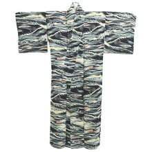 Load image into Gallery viewer, Kimono Vintage(1950-1980) Black Gray Storm Curling Wave Silk #10776D4
