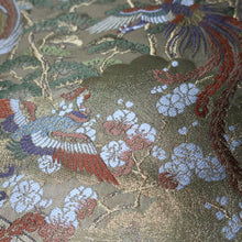 Load image into Gallery viewer, BB10001AB Silk Obi Fabric Crane Birds Bamboo Gold 57.9x11.0in(147x28cm)
