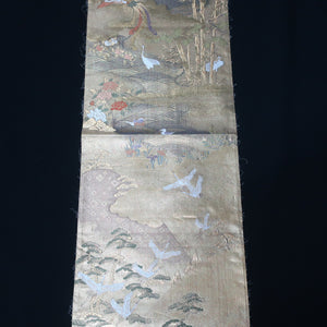 BB10001AB Silk Obi Fabric Crane Birds Bamboo Gold 57.9x11.0in(147x28cm)