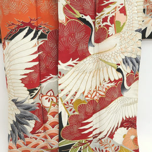 Furisode Vintage(1920-1950) Black Crane Birds Silk #9952Z1