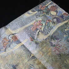 Load image into Gallery viewer, BB10011AB Silk Obi Fabric Chrysanthemum Butterfly Gold Silver 84.6x11.0in(215x28cm)
