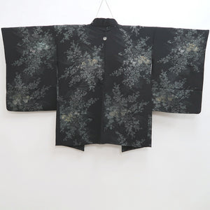 Haori Jacket Vintage(1950-1980) Black Silver Chrysanthemum Plum blossom Wave Silk #9878B3
