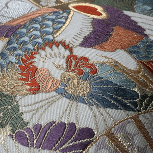 BB10051AD Silk Obi Fabric Phoenix White Gold 48.4x10.6in(123x27cm)