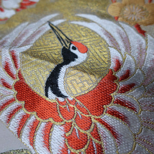 BB10031AC Silk Obi Fabric Vintage(1920-1950) Crane Birds Red Green 76.0x11.4in(193x29cm)