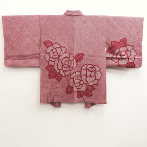 Haori Jacket Vintage(1950-1980) Red Full Shibori Peony Silk #10213E1