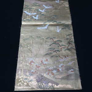 BB10001AB Silk Obi Fabric Crane Birds Bamboo Gold 57.9x11.0in(147x28cm)