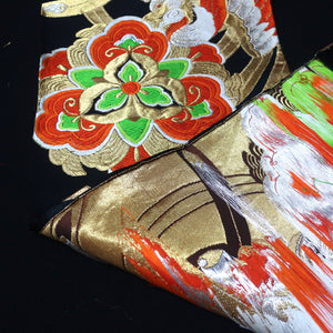 BB10071AF Silk Obi Fabric Phoenix Black Gold 46.1x10.6in(117x27cm)