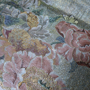 BB10011AB Silk Obi Fabric Chrysanthemum Butterfly Gold Silver 84.6x11.0in(215x28cm)