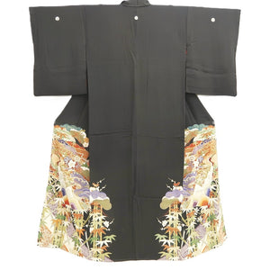 Tomesode Vintage(1920-1950) Black Crane Birds Hand painted Silk #10492B1