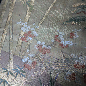 BB10001AB Silk Obi Fabric Crane Birds Bamboo Gold 57.9x11.0in(147x28cm)