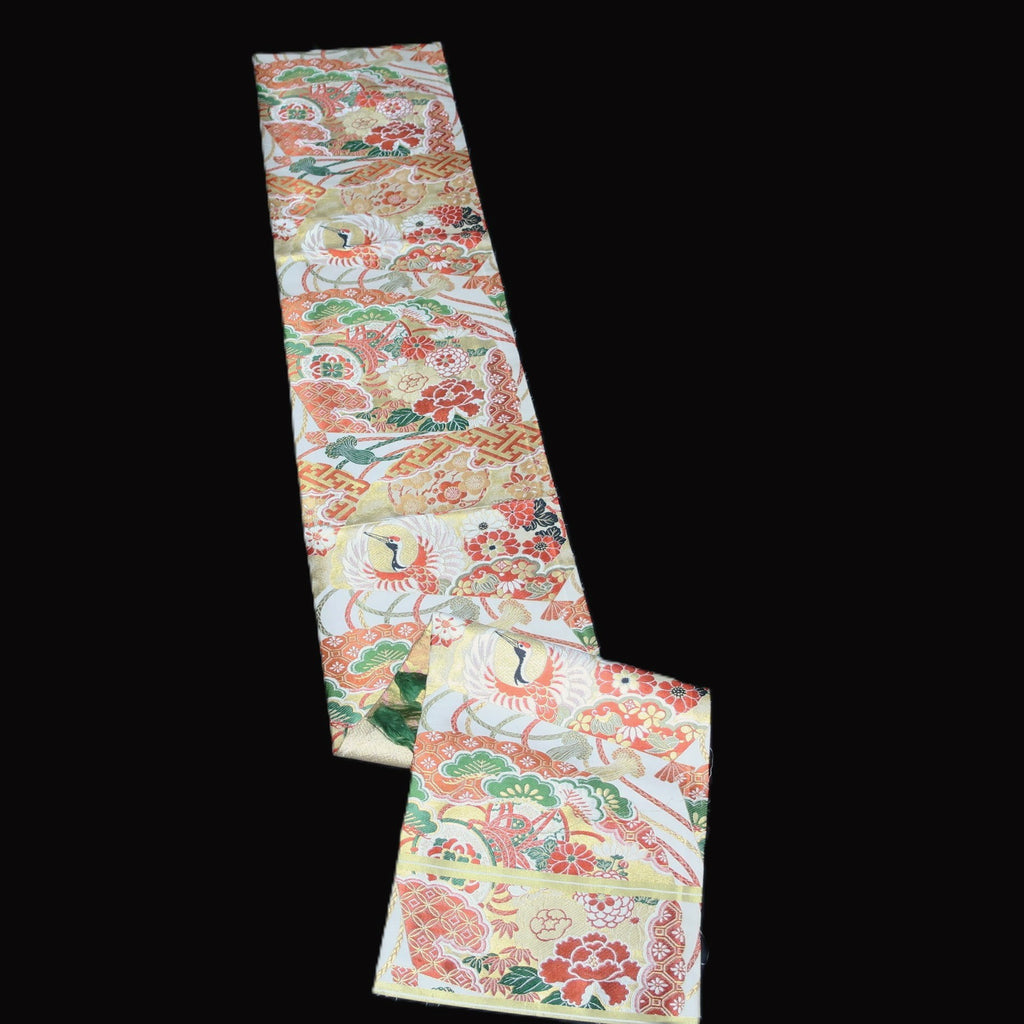 BB10032AC Silk Obi Fabric Vintage(1920-1950) Crane Birds Red Green 76.0x11.4in(193x29cm)
