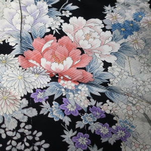 KK1417B8 Silk Kimono Fabric Vintage(1950-1980) Plum blossom Black 66.5x13.8in(169x35cm)