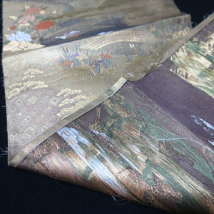 BB10001AB Silk Obi Fabric Crane Birds Bamboo Gold 57.9x11.0in(147x28cm)