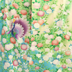 Furisode Pale Yellow Green Light Blue Peacock Tall Silk #10551B4