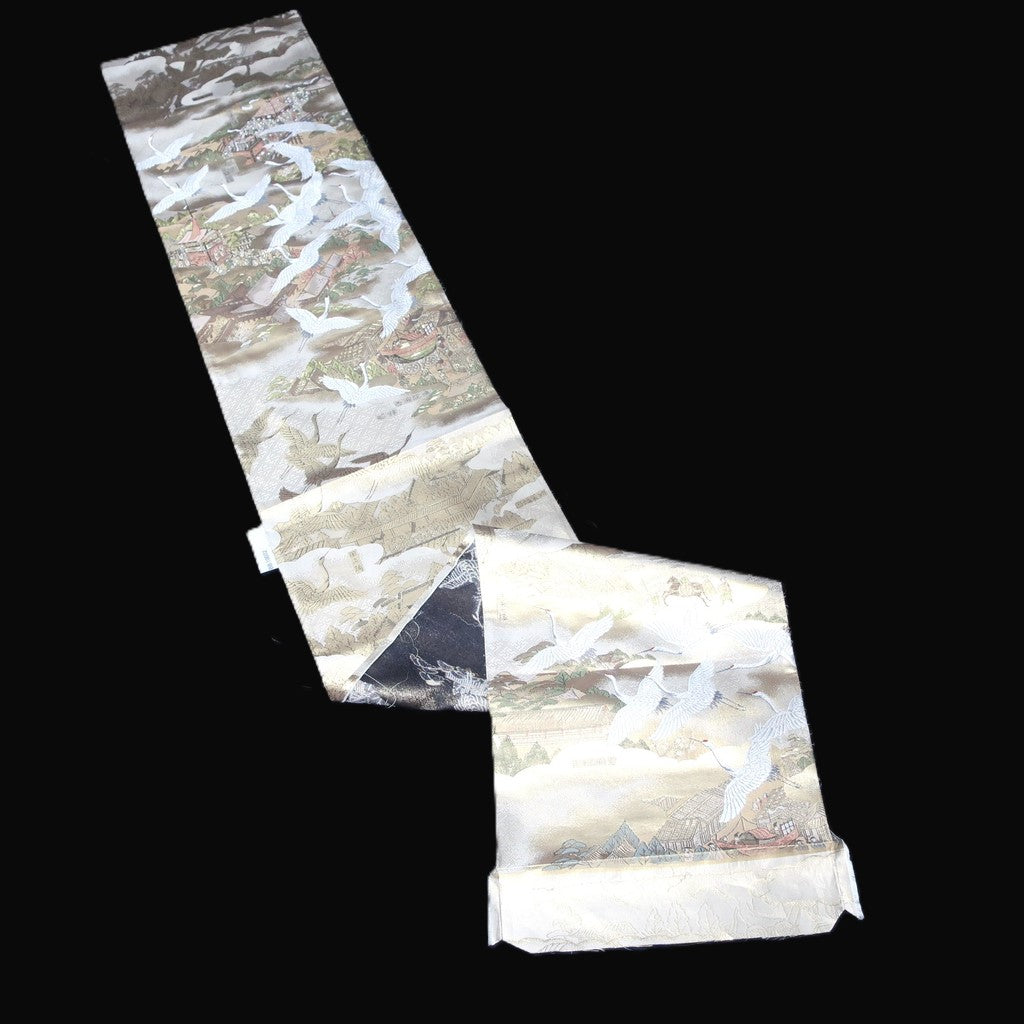 BB10002AB Silk Obi Fabric Crane Birds Gold 68.9x11.0in(175x28cm)