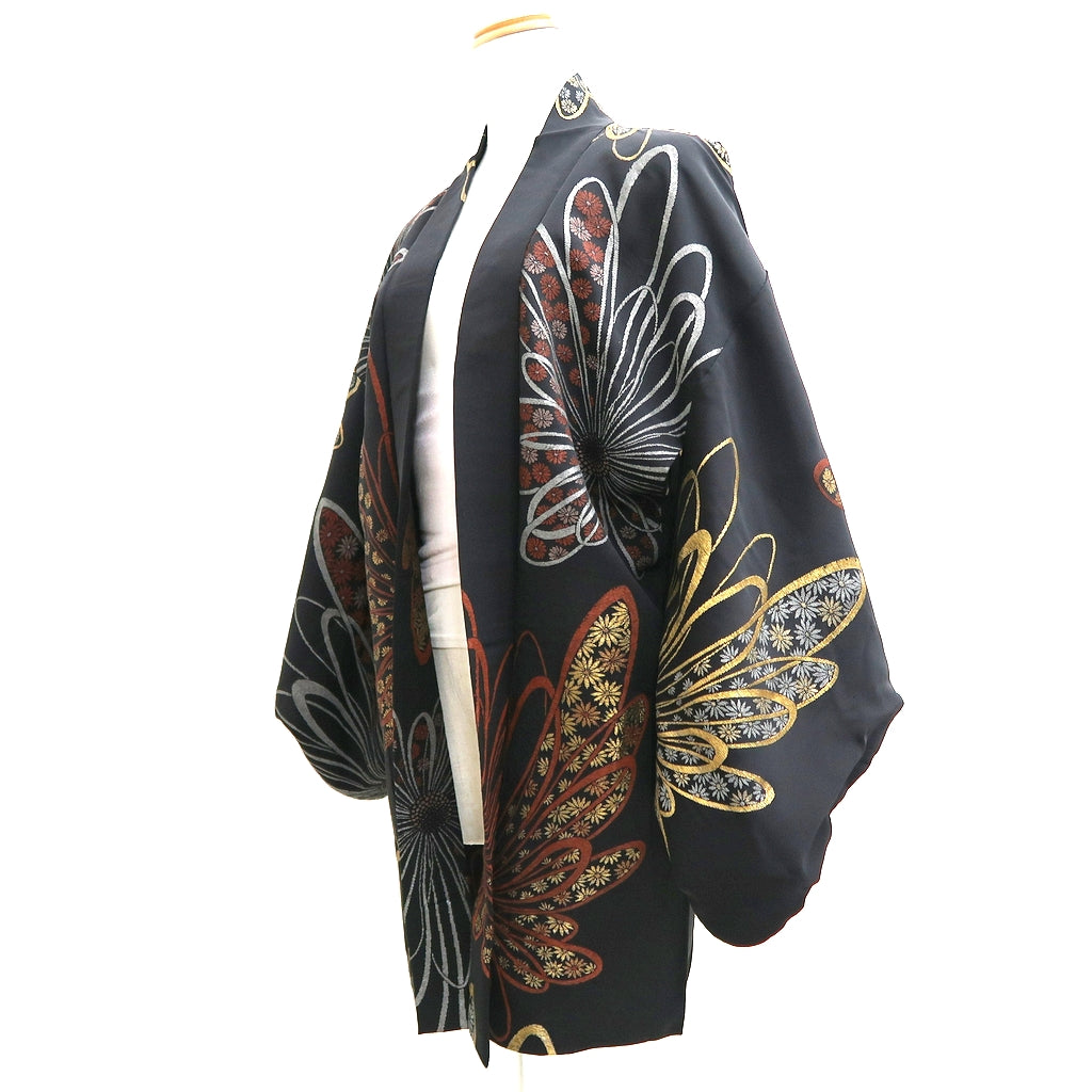Haori Jacket Vintage(1950-1980) Black Gold Chrysanthemum Silk #9752A3