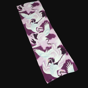 KK1453A1 Silk Kimono Fabric Vintage(Pre-1920) Crane Birds Purple 45.3x13.4in(115x34cm)