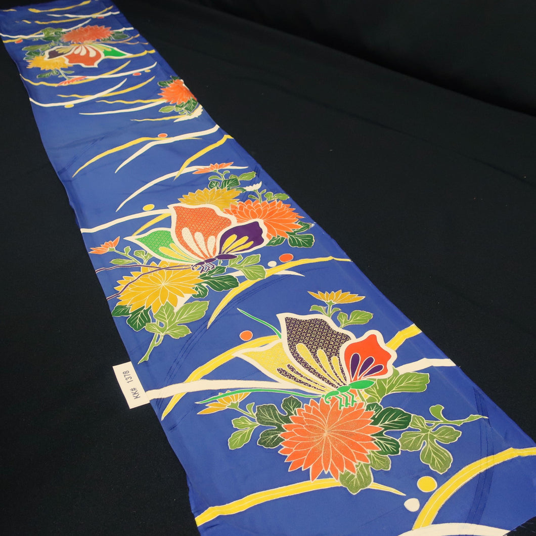 KK1378B7 Silk Kimono Fabric Vintage(1950-1980) Butterfly Blue 76.0x11.8in(193x30cm)