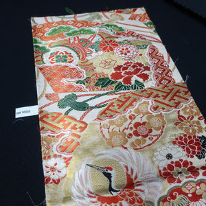 BB10032AC Silk Obi Fabric Vintage(1920-1950) Crane Birds Red Green 76.0x11.4in(193x29cm)