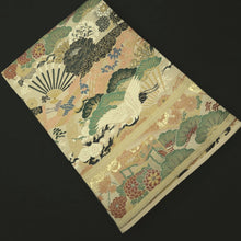 Load image into Gallery viewer, Maru Obi Vintage(1920-1950) Beige Gold Green Crane Birds Pine Tree Silk BB280V6
