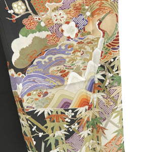 Tomesode Vintage(1920-1950) Black Crane Birds Hand painted Silk #10492B1