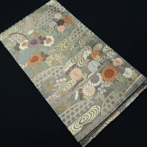 Fukuro Obi Silver Gold Chrysanthemum Peony Silk BB300V7