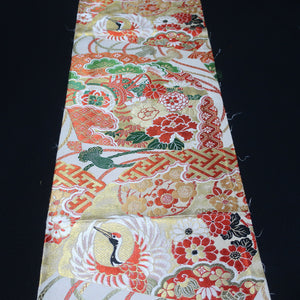 BB10032AC Silk Obi Fabric Vintage(1920-1950) Crane Birds Red Green 76.0x11.4in(193x29cm)