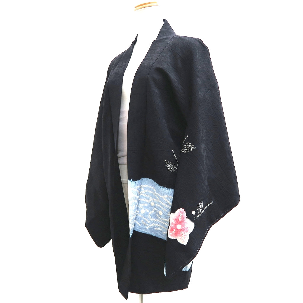 Haori Jacket Vintage(1950-1980) Black Shibori Ryusui Flower Silk #9727A1