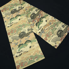 Load image into Gallery viewer, Maru Obi Vintage(1920-1950) Beige Gold Green Crane Birds Pine Tree Silk BB280V6
