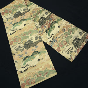 Maru Obi Vintage(1920-1950) Beige Gold Green Crane Birds Pine Tree Silk BB280V6