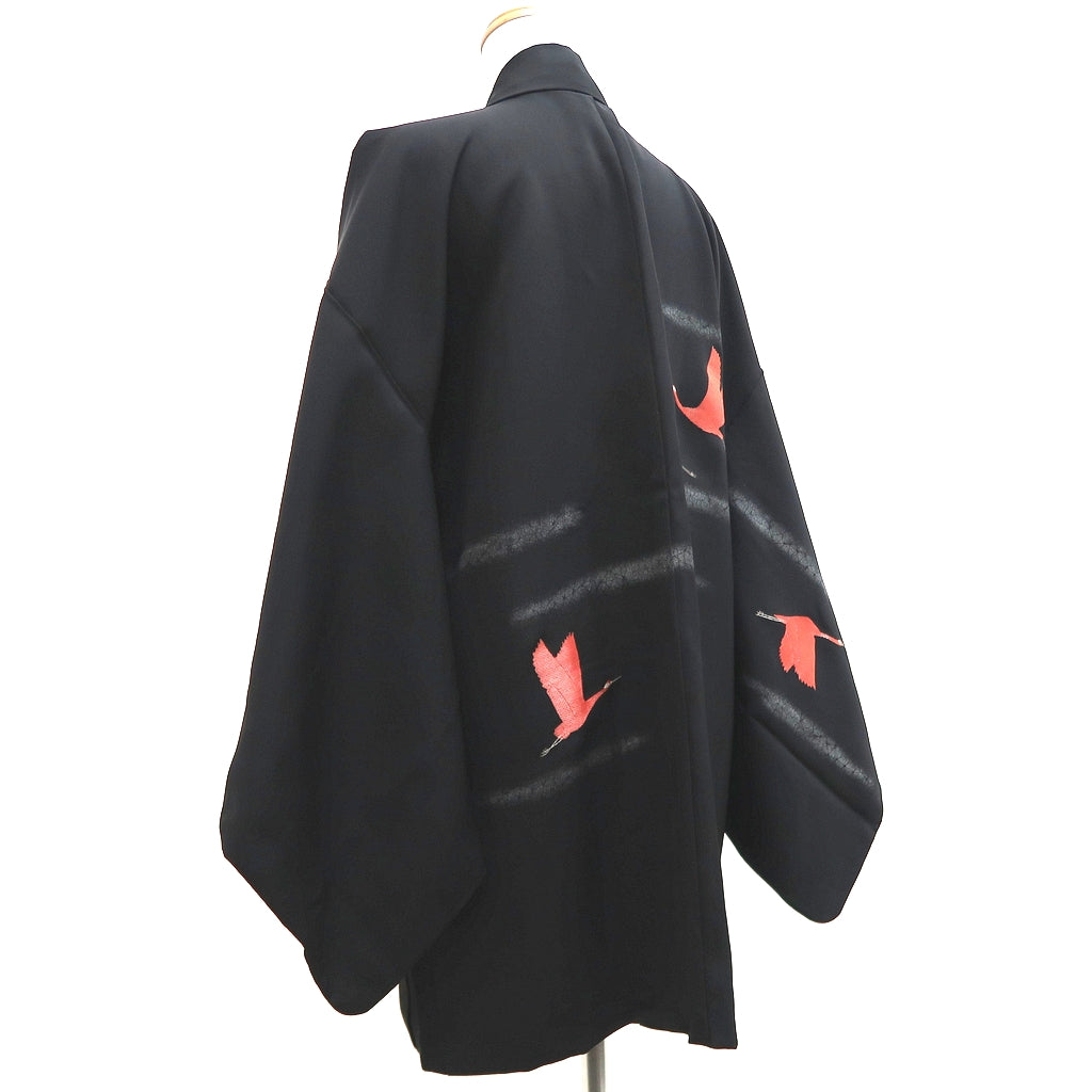 Haori Jacket Vintage(1950-1980) Black Crane Birds Silk #9989C2