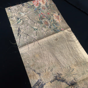 BB10012AB Silk Obi Fabric Pine Tree Bird Gold Green 83.9x11.0in(213x28cm)