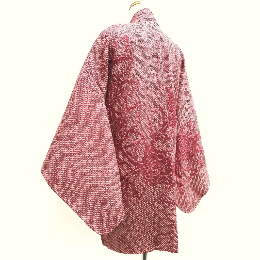 Haori Jacket Vintage(1950-1980) Light Red Shibori Peony Silk #10079D1