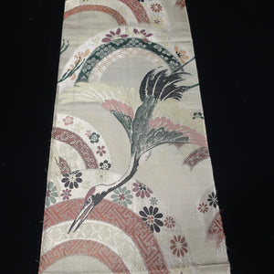 BB10042AD Silk Obi Fabric Crane Birds Gold Black 76.8x11.0in(195x28cm)