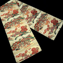 Load image into Gallery viewer, Maru Obi Vintage(1920-1950) Beige Gold Red Crane Birds Chrysanthemum Silk BB290V7
