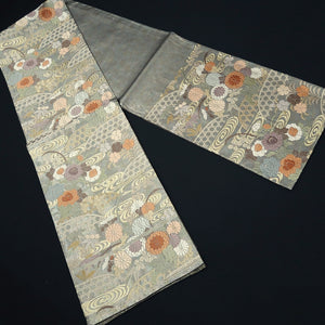 Fukuro Obi Silver Gold Chrysanthemum Peony Silk BB300V7
