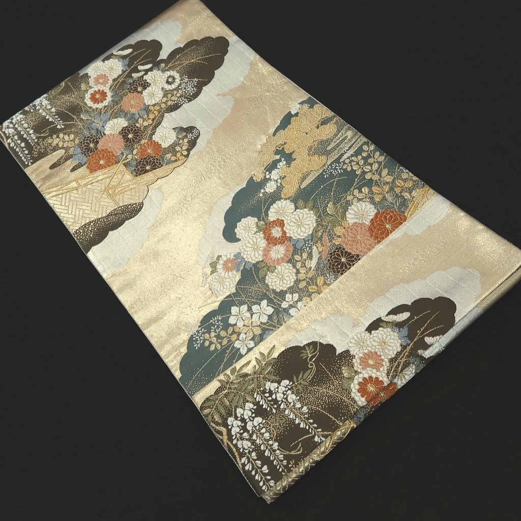 Fukuro Obi Gold Chrysanthemum Wisteria Pine Tree Silk BB270V5