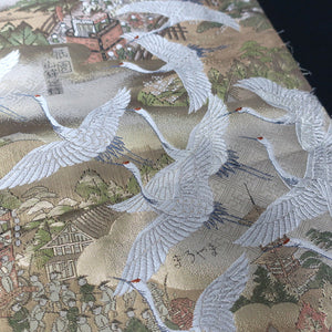 BB10002AB Silk Obi Fabric Crane Birds Gold 68.9x11.0in(175x28cm)